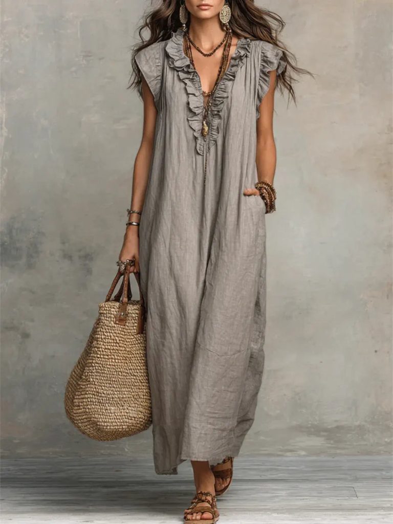 Robe longue femme col V volants style bohème