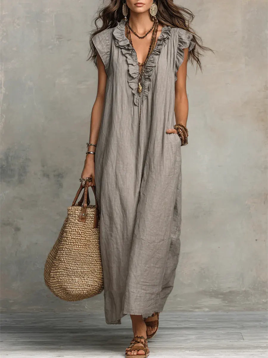 Robe longue femme col V volants style bohème