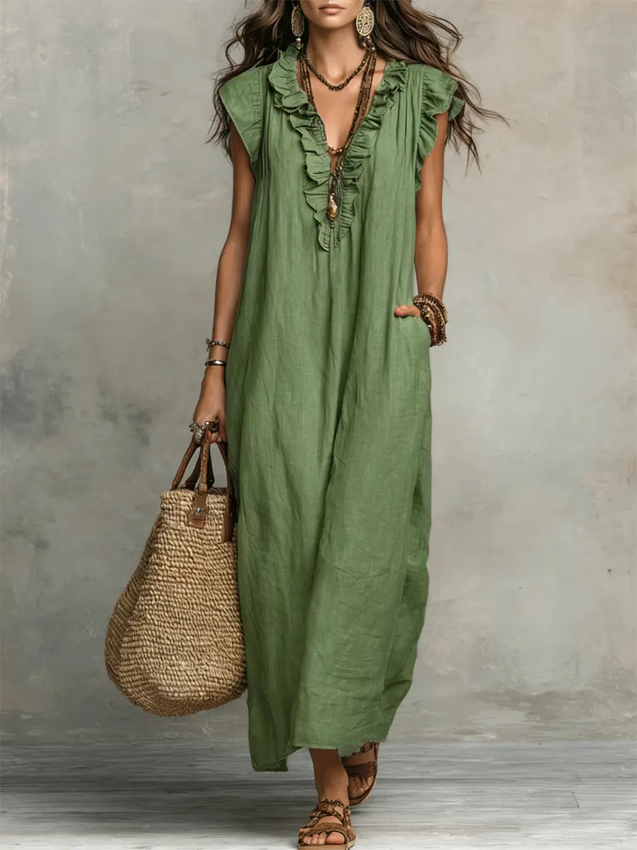 Robe longue femme col V volants style bohème – Image 2