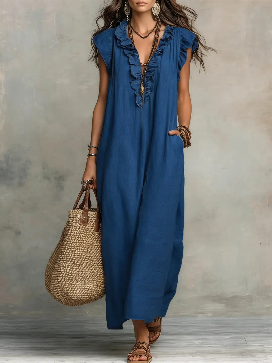 Robe longue femme col V volants style bohème – Image 3