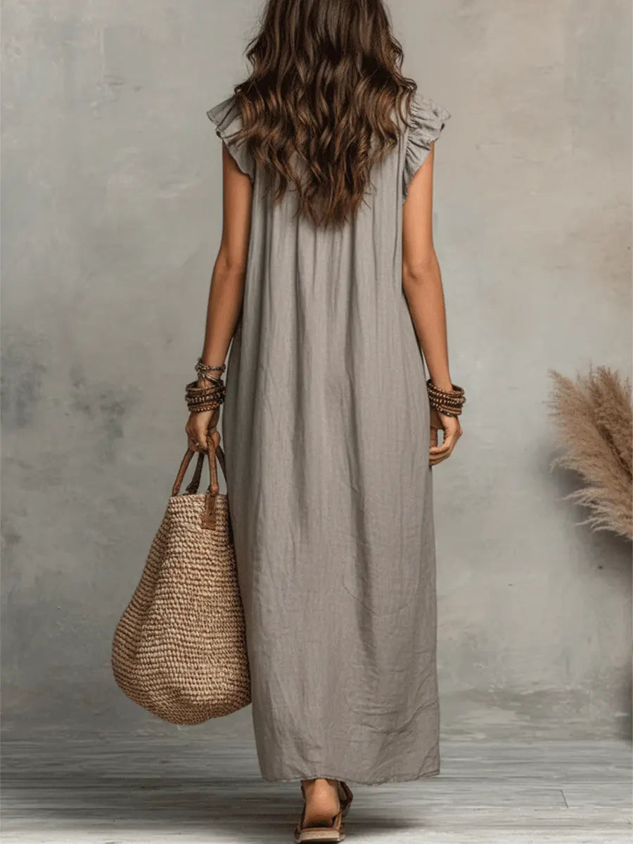 Robe longue femme col V volants style bohème – Image 9