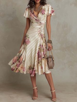 Robe femme satin imprimé floral décolleté V évasée