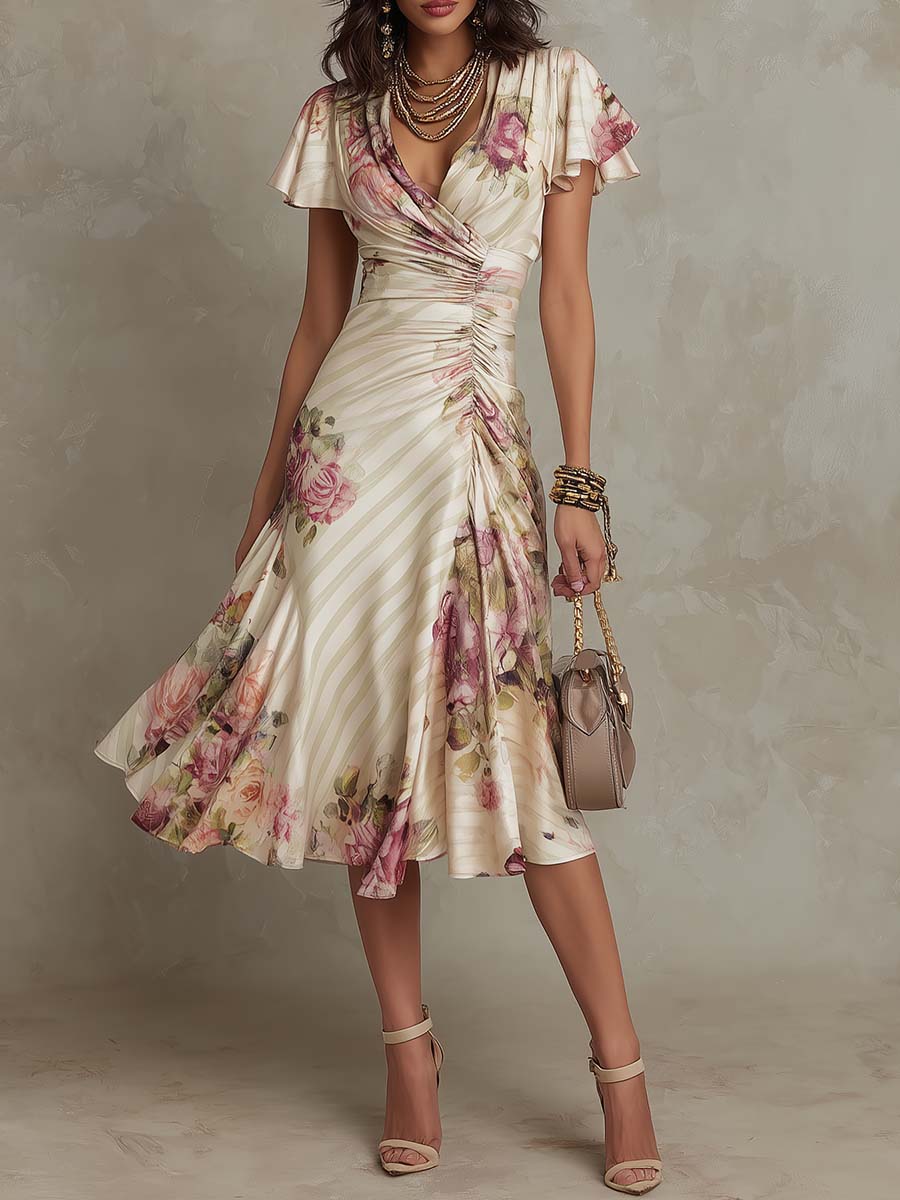 Robe femme satin imprimé floral décolleté V évasée