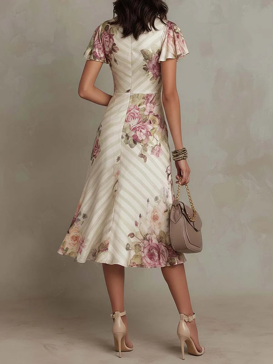 Robe femme satin imprimé floral décolleté V évasée – Image 2