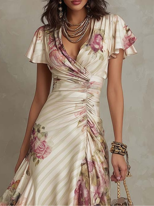 Robe femme satin imprimé floral décolleté V évasée – Image 3