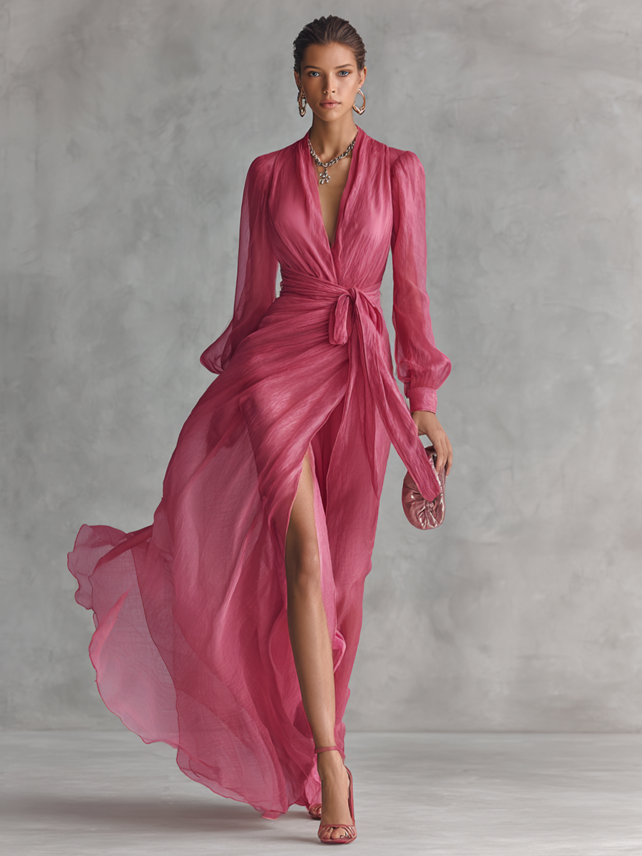 Robe femme mousseline nacrée rose poudré jupe fendue – Image 2