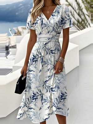 Robe femme midi taille élastiquée motif nature