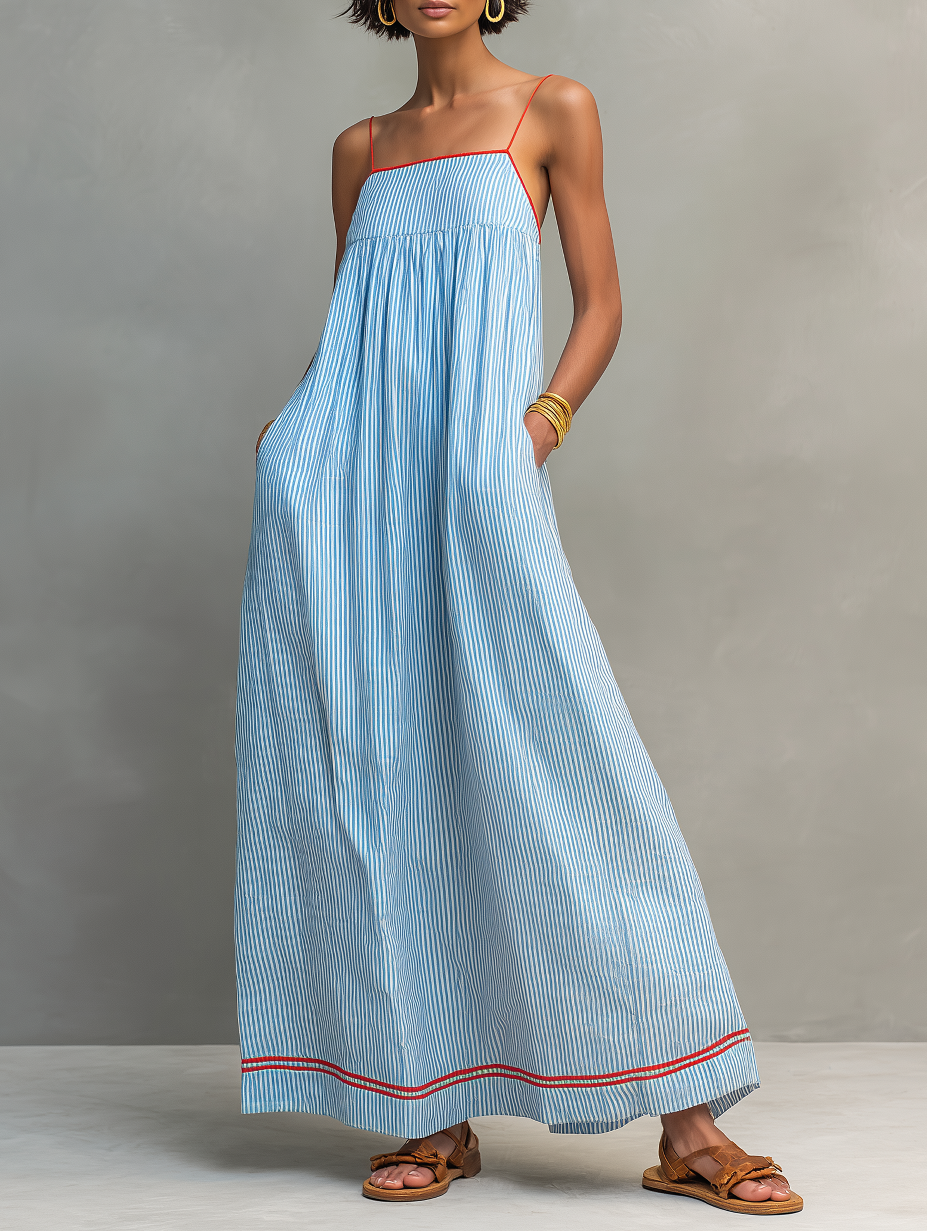 Robe longue femme rayée fines bretelles décontractée