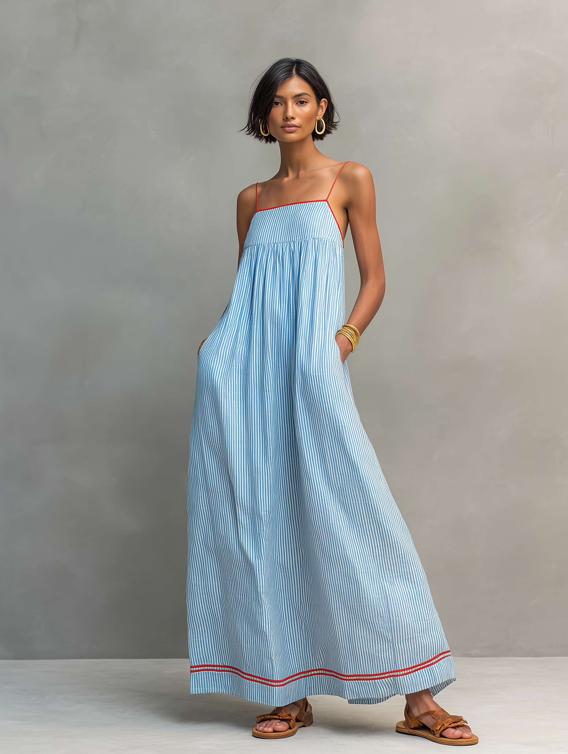 Robe longue femme rayée fines bretelles décontractée – Image 8