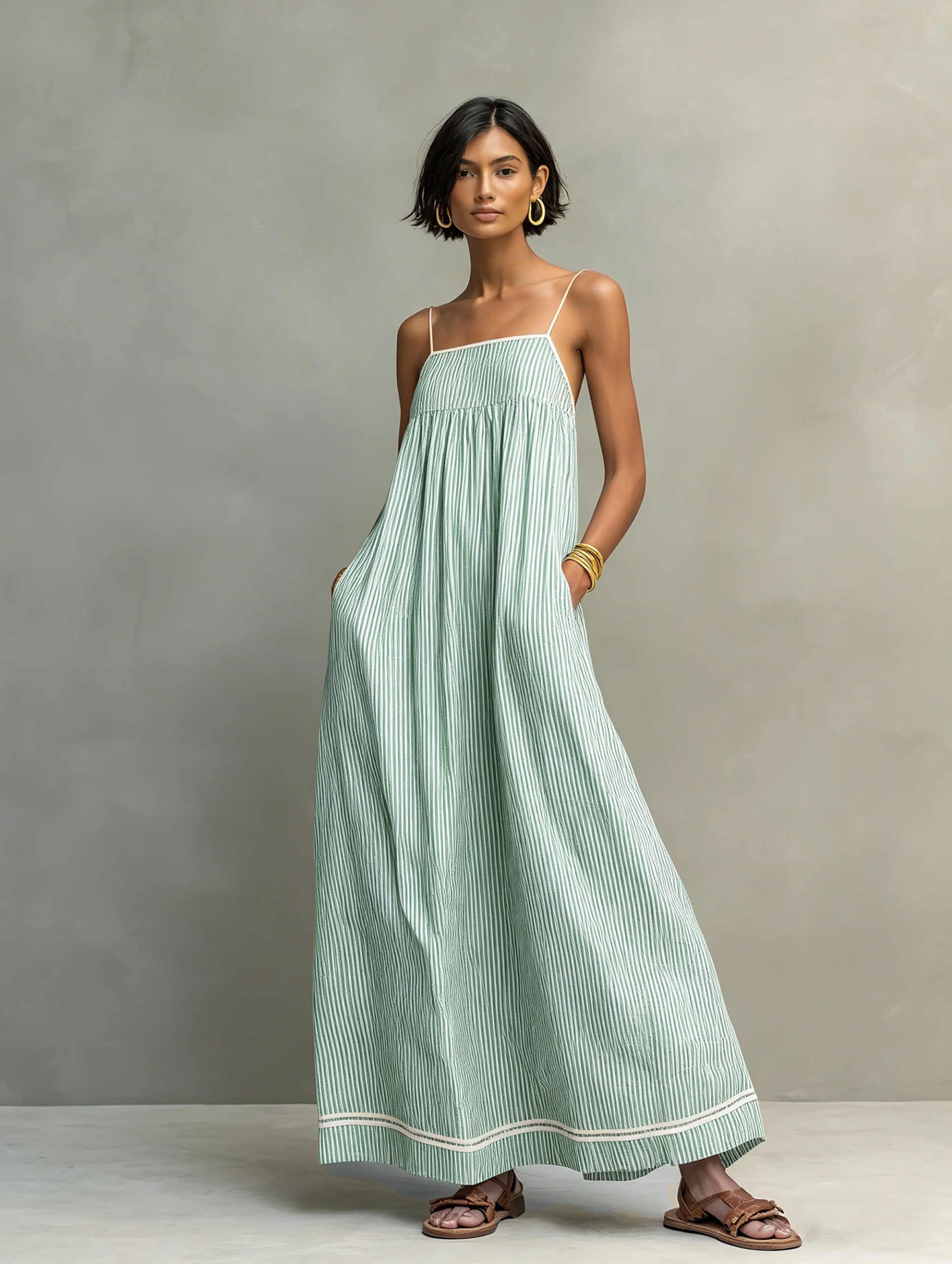 Robe longue femme rayée fines bretelles décontractée – Image 3