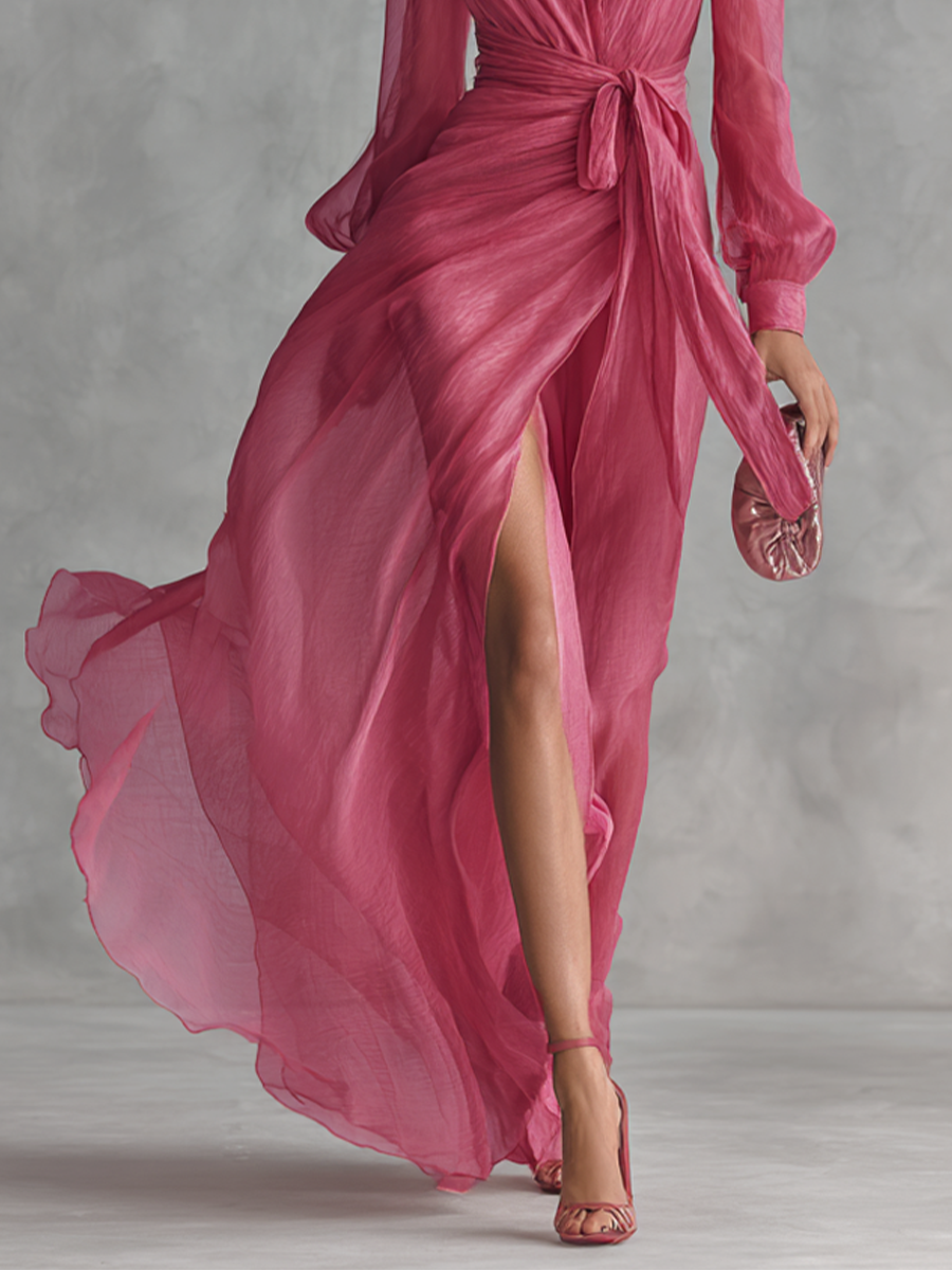 Robe femme mousseline nacrée rose poudré jupe fendue – Image 4