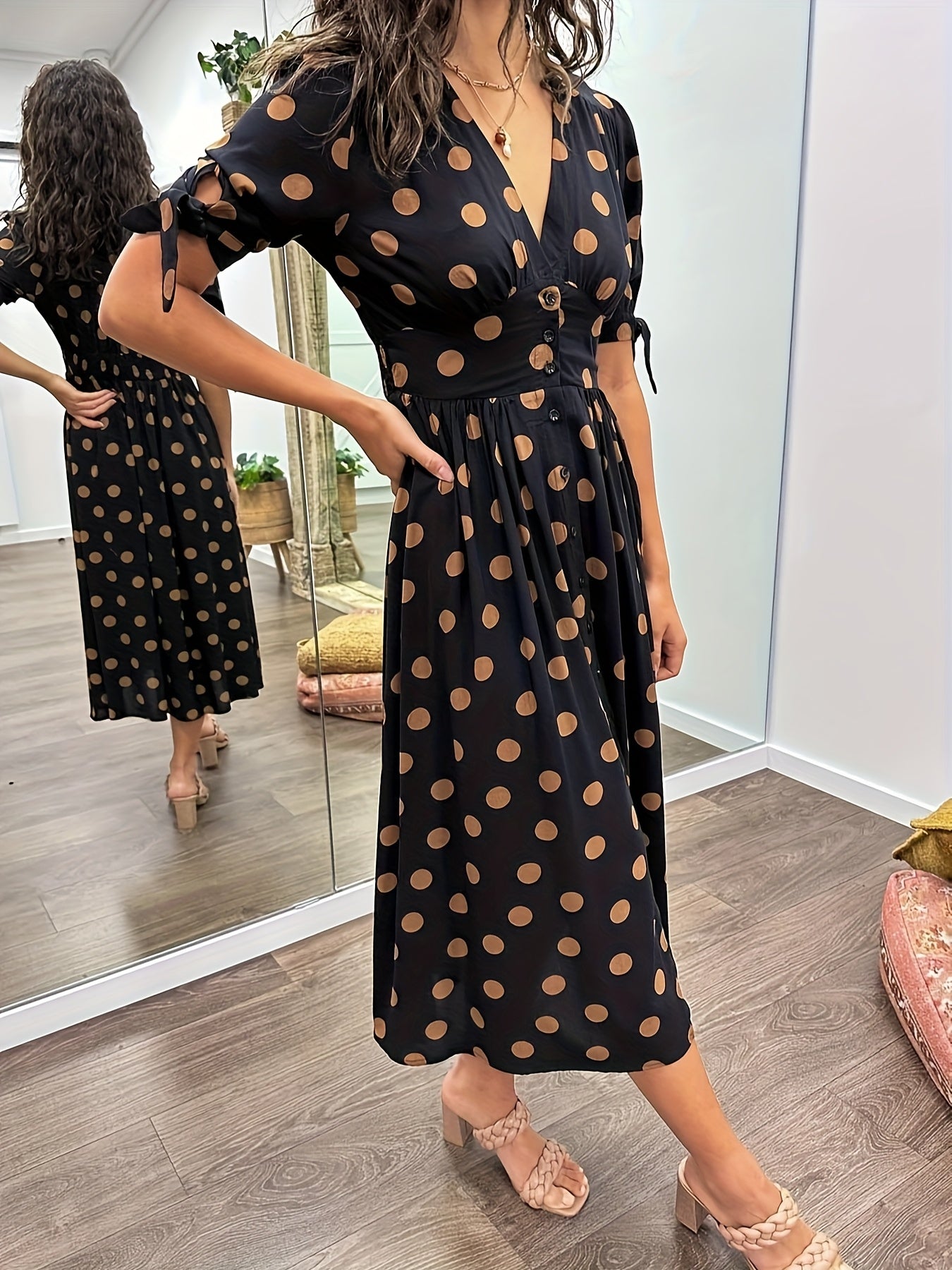 Robe midi femme fluide manches à nouer – Image 4