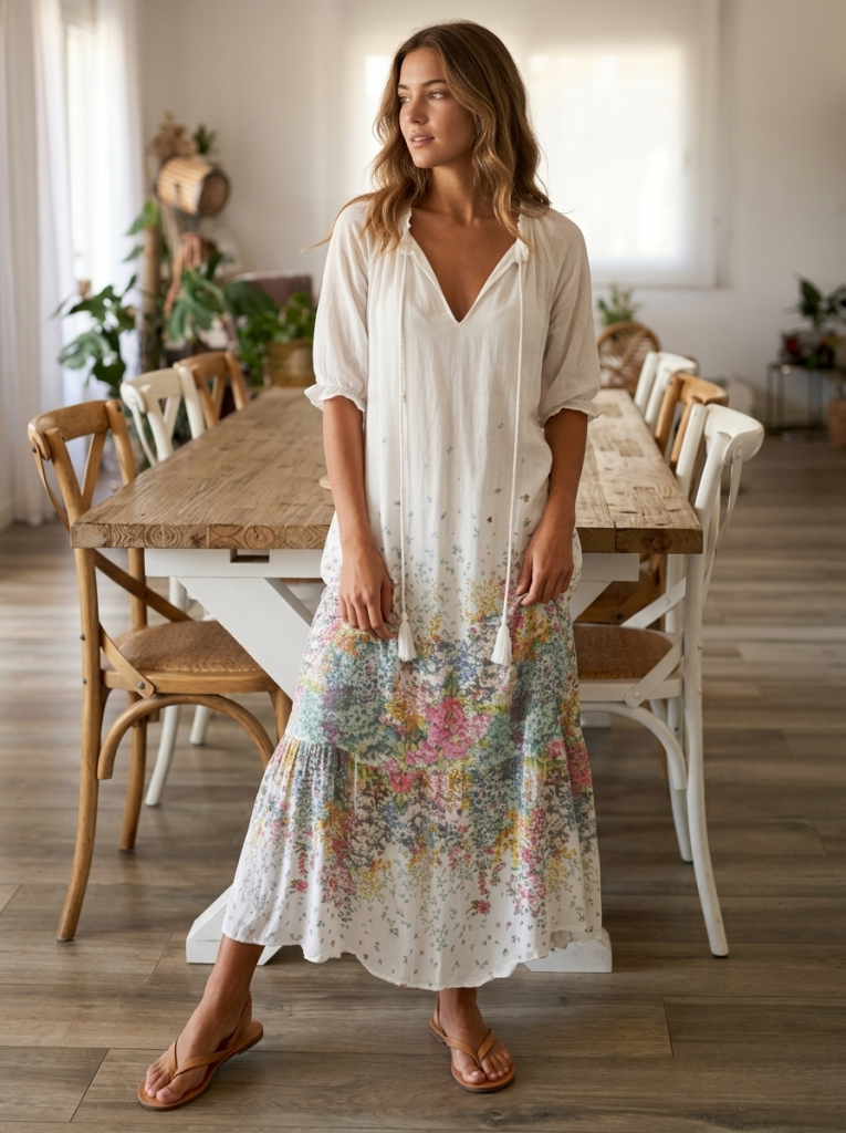 Robe femme été col V manches courtes polyester coton
