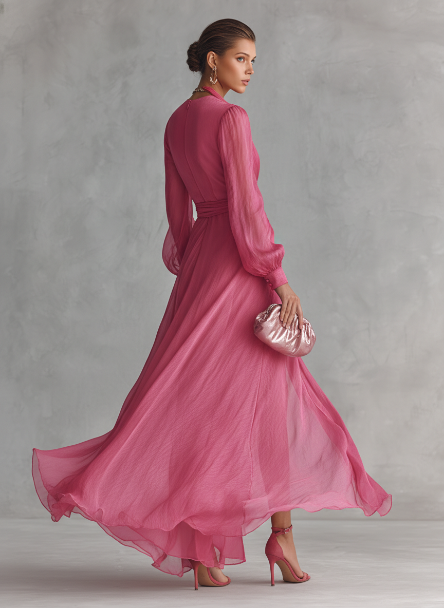 Robe femme mousseline nacrée rose poudré jupe fendue – Image 5