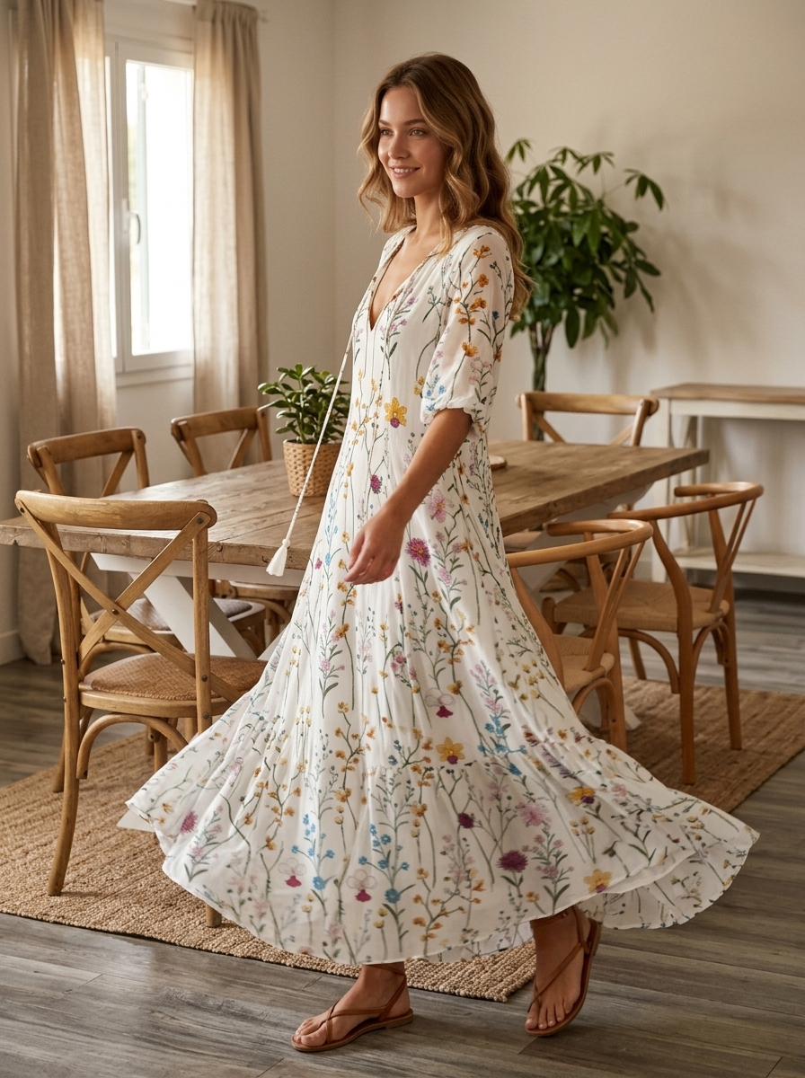 Robe femme été col V manches courtes polyester coton – Image 3