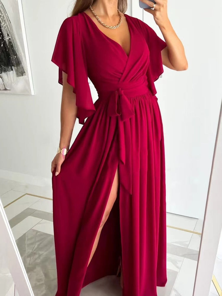 Robe longue femme fluide encolure en V