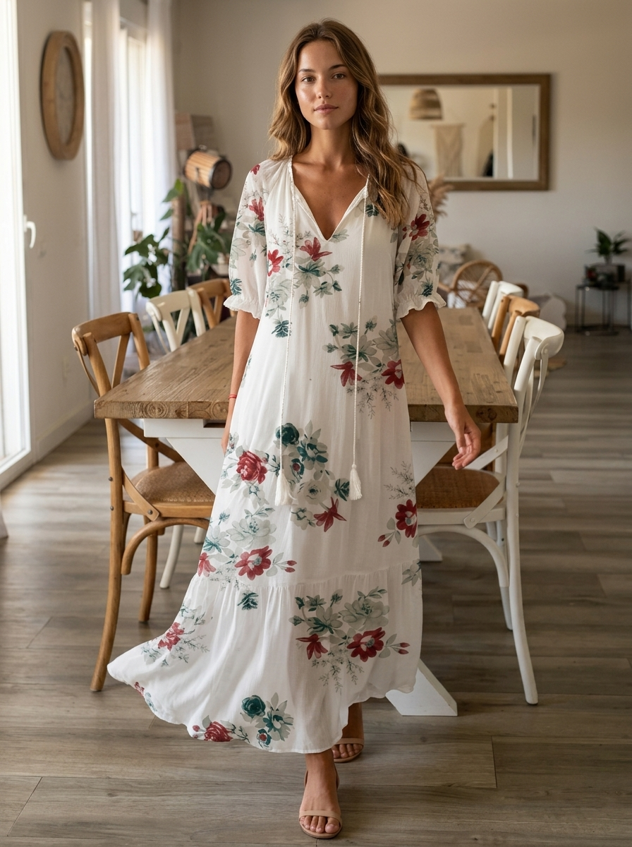 Robe femme été col V manches courtes polyester coton – Image 2
