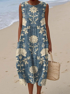Robe femme midi florale bleu denim légère