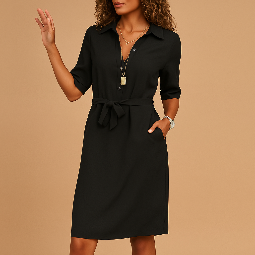 Robe femme midi col chemise ceinture amovible poches