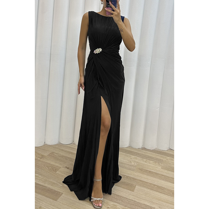 Robe femme plissée sans manches fente haute – Image 3