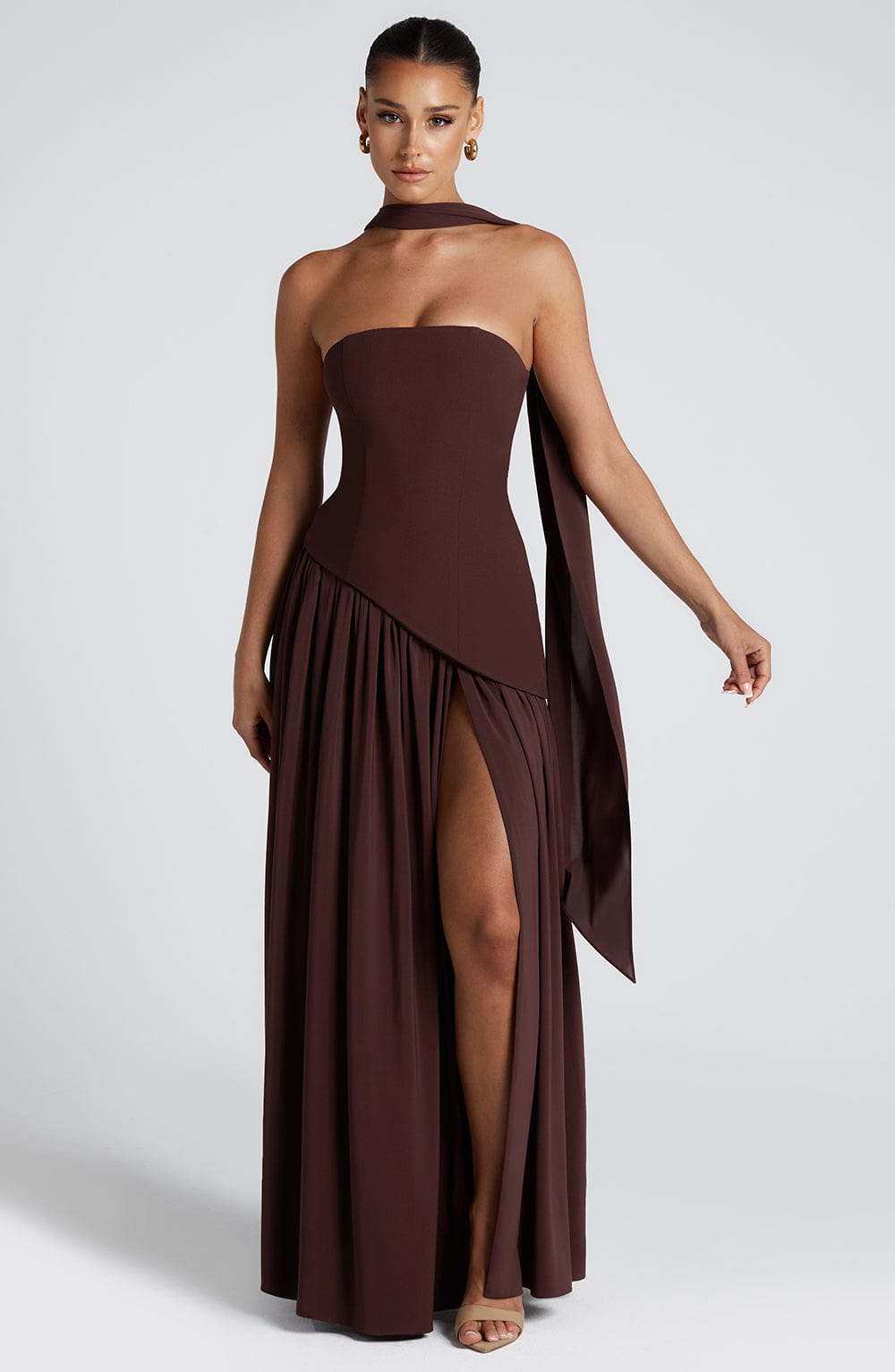 Robe femme décolleté bandeau asymétrique fente haute – Image 13