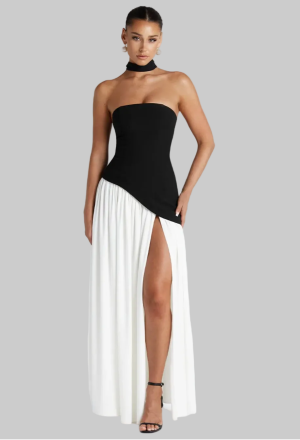Robe femme décolleté bandeau asymétrique fente haute