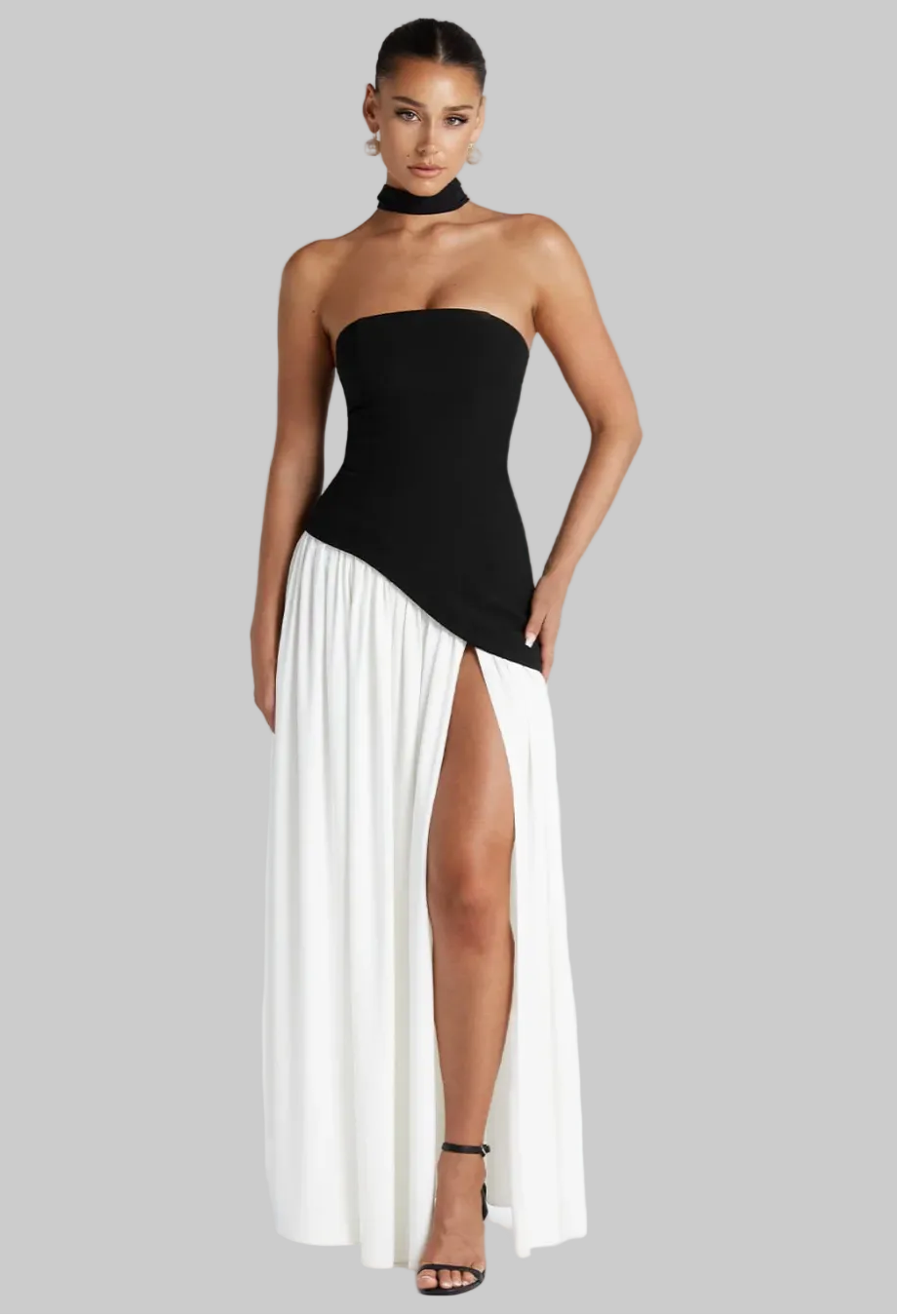 Robe femme décolleté bandeau asymétrique fente haute