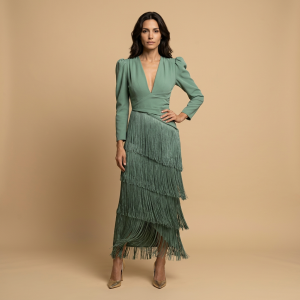 Robe de soirée femme franges étagées mouvement fluide