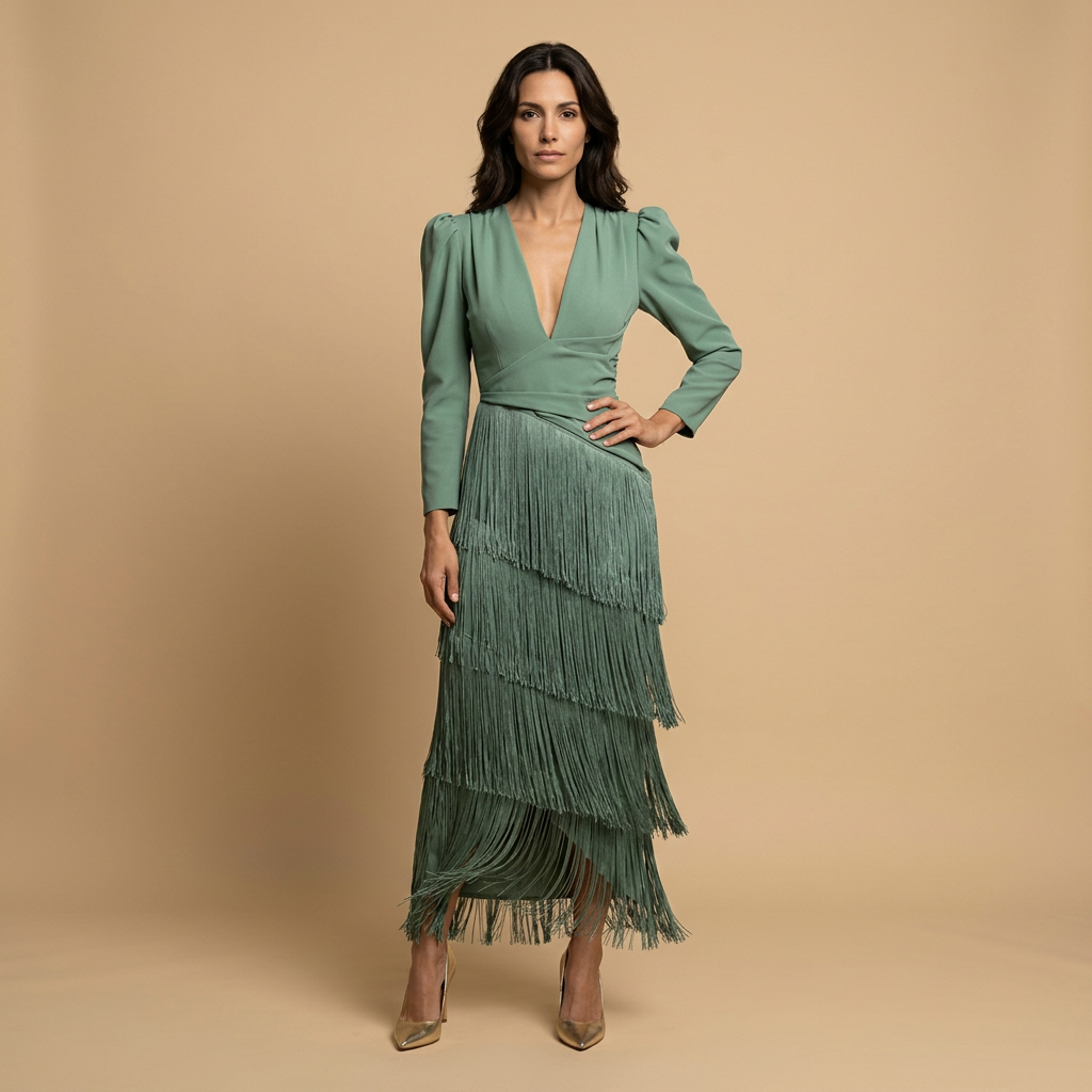 Robe de soirée femme franges étagées mouvement fluide