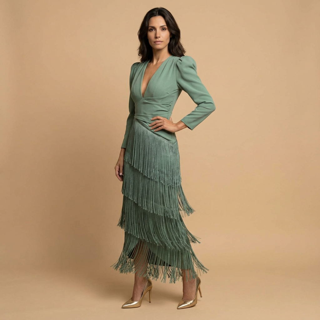 Robe de soirée femme franges étagées mouvement fluide – Image 5