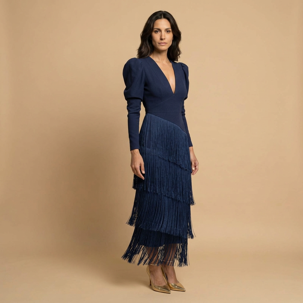 Robe de soirée femme franges étagées mouvement fluide – Image 10