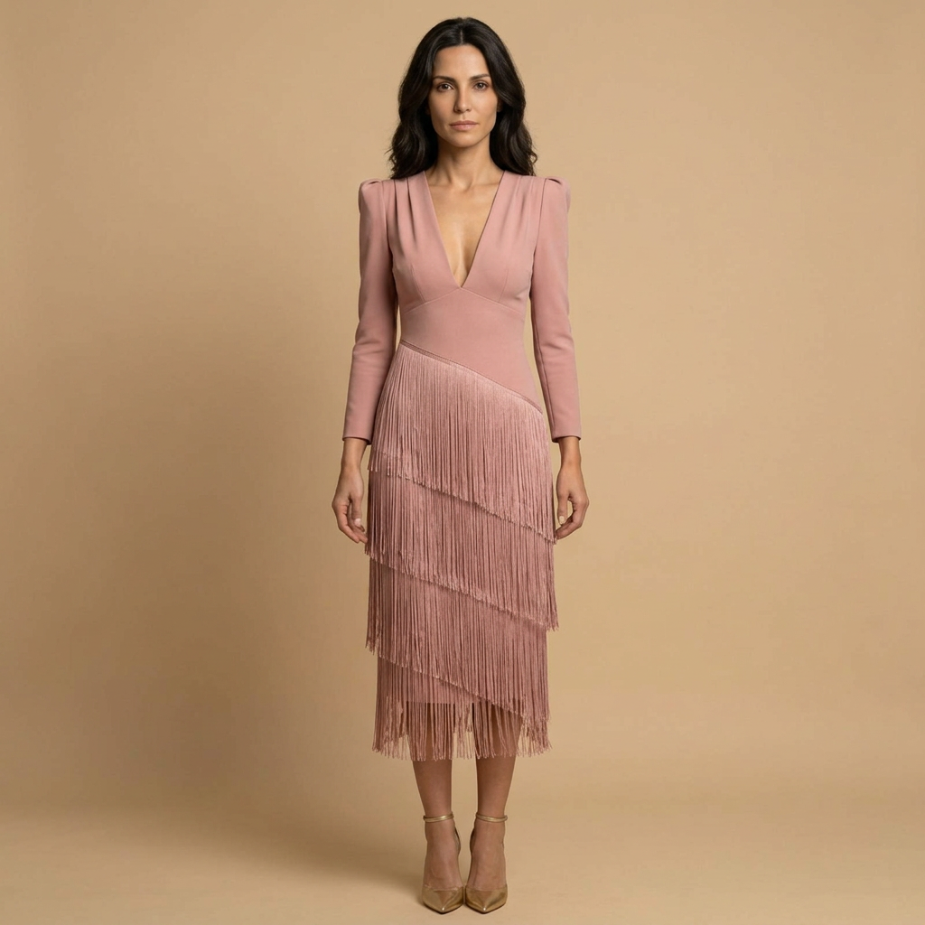 Robe de soirée femme franges étagées mouvement fluide – Image 2