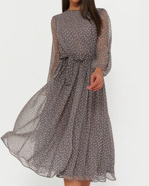Robe femme à pois mélange coton manches lanternes élégante