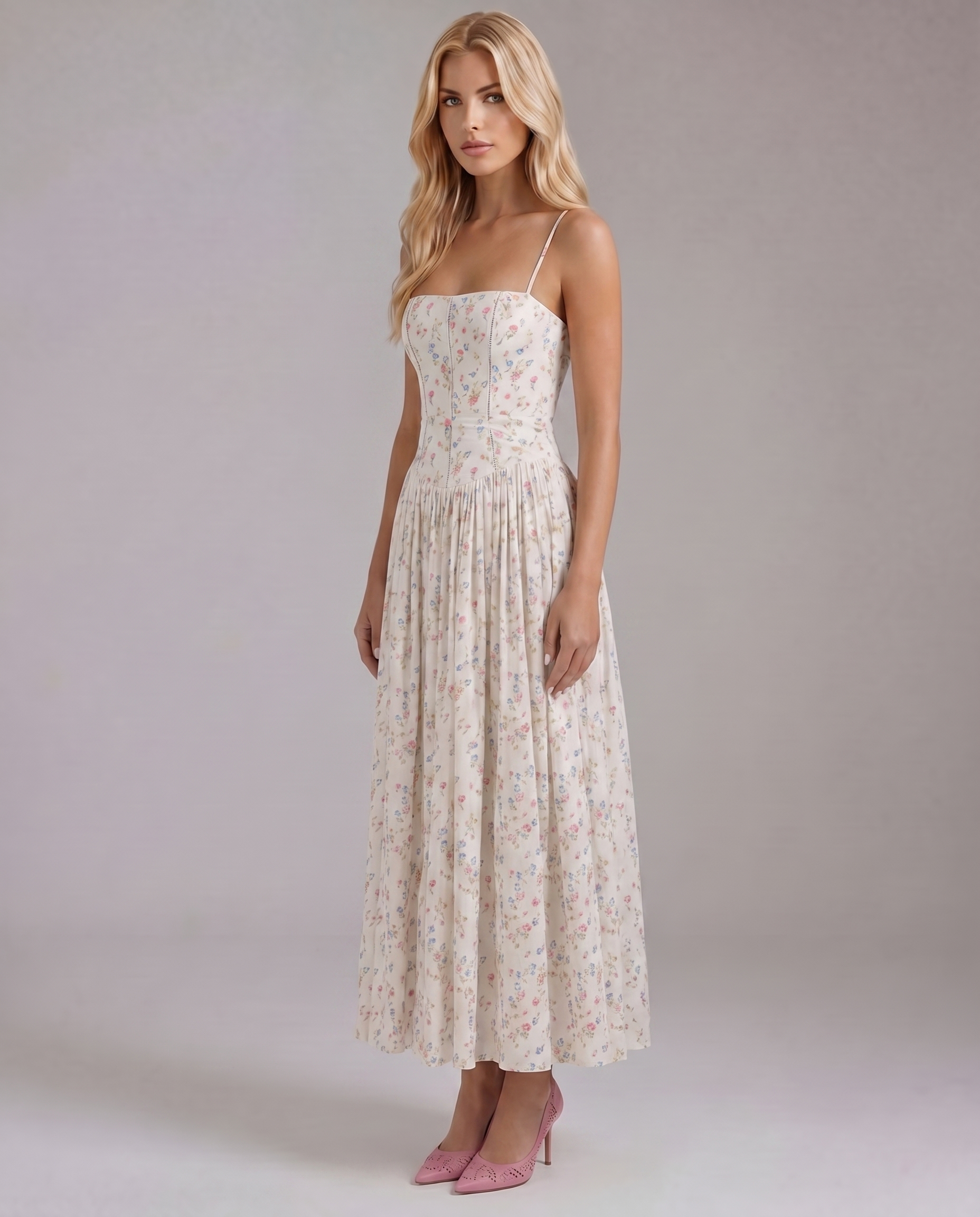 Robe midi femme décolleté droit bretelles fines – Image 2