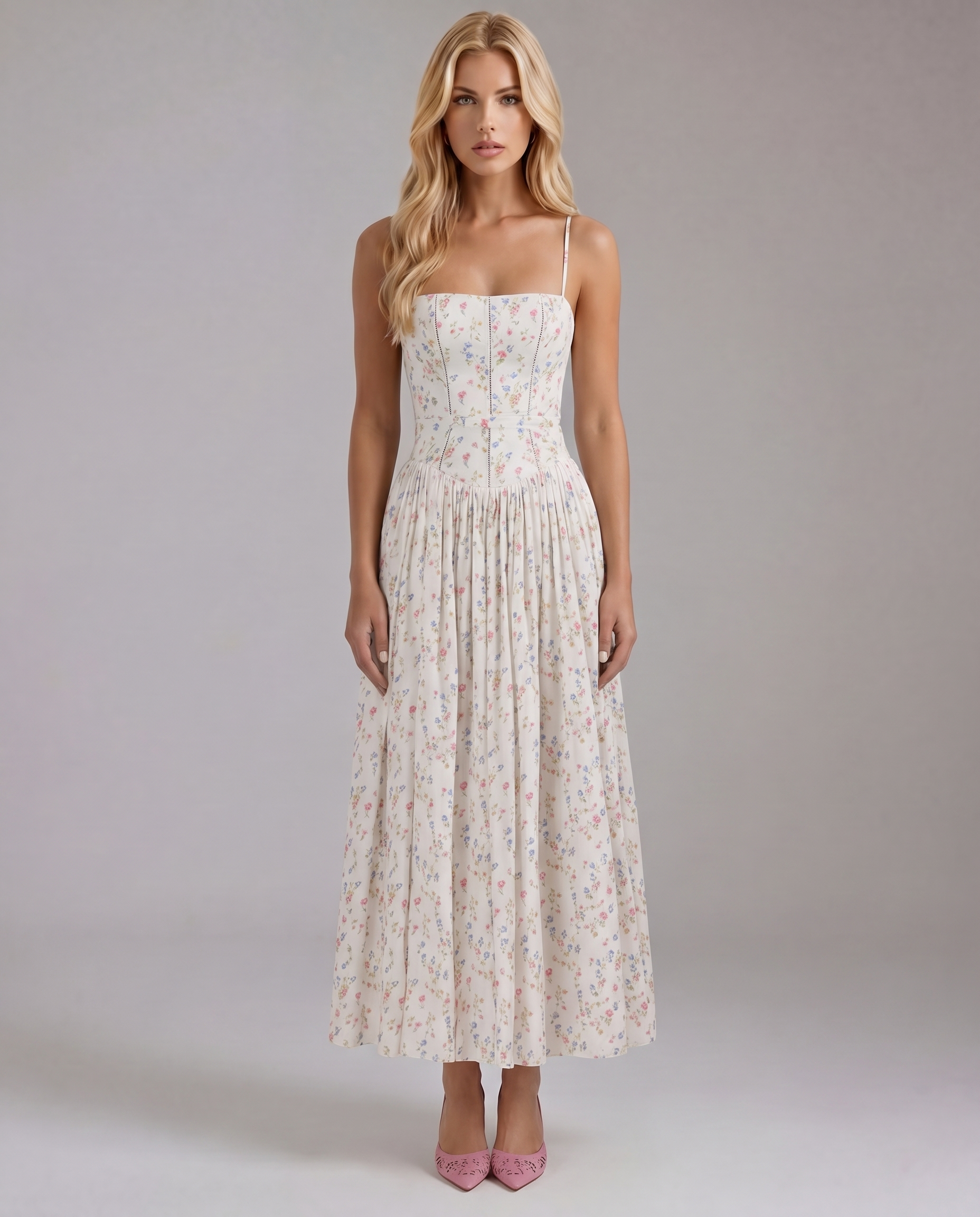 Robe midi femme décolleté droit bretelles fines