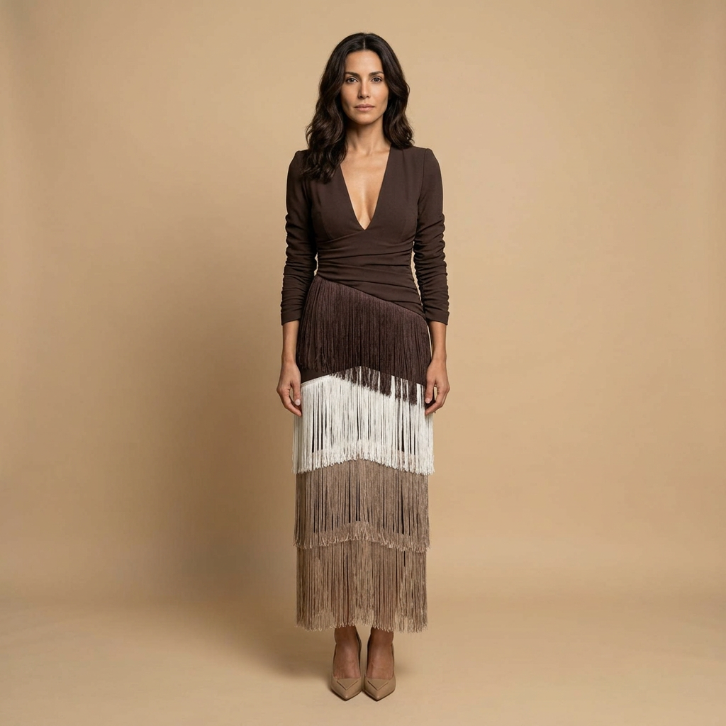 Robe de soirée femme franges étagées mouvement fluide – Image 3