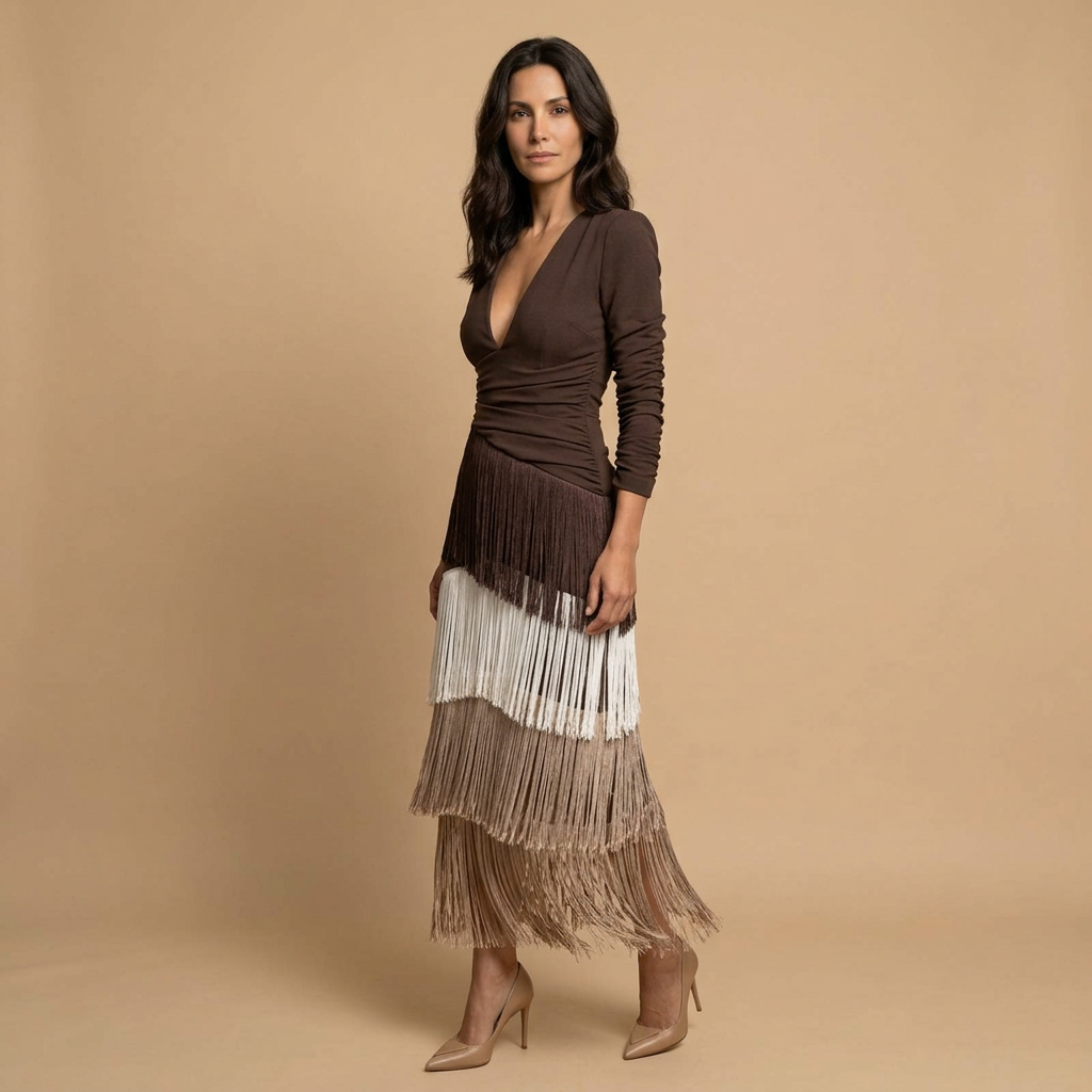 Robe de soirée femme franges étagées mouvement fluide – Image 9