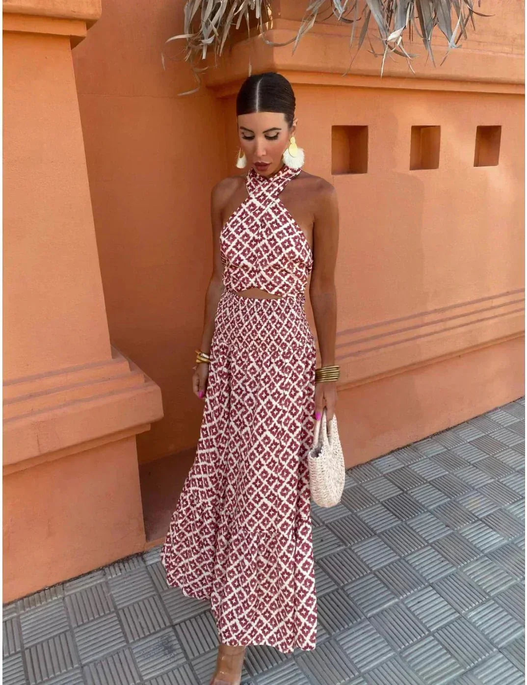 Robe femme longue motif géométrique découpe taille – Image 5