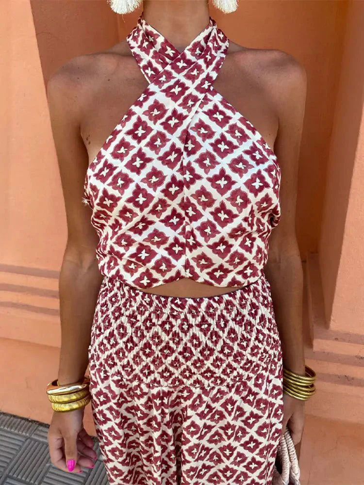 Robe femme longue motif géométrique découpe taille – Image 2
