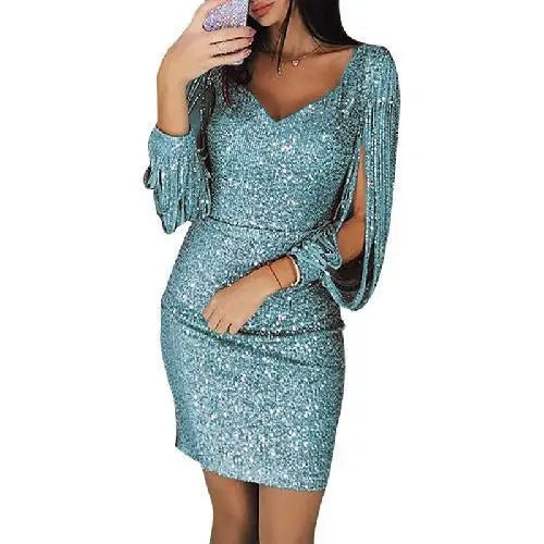 Robe de soirée femme paillettes midi col V – Image 4
