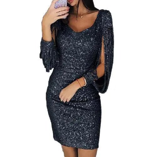 Robe de soirée femme paillettes midi col V – Image 2