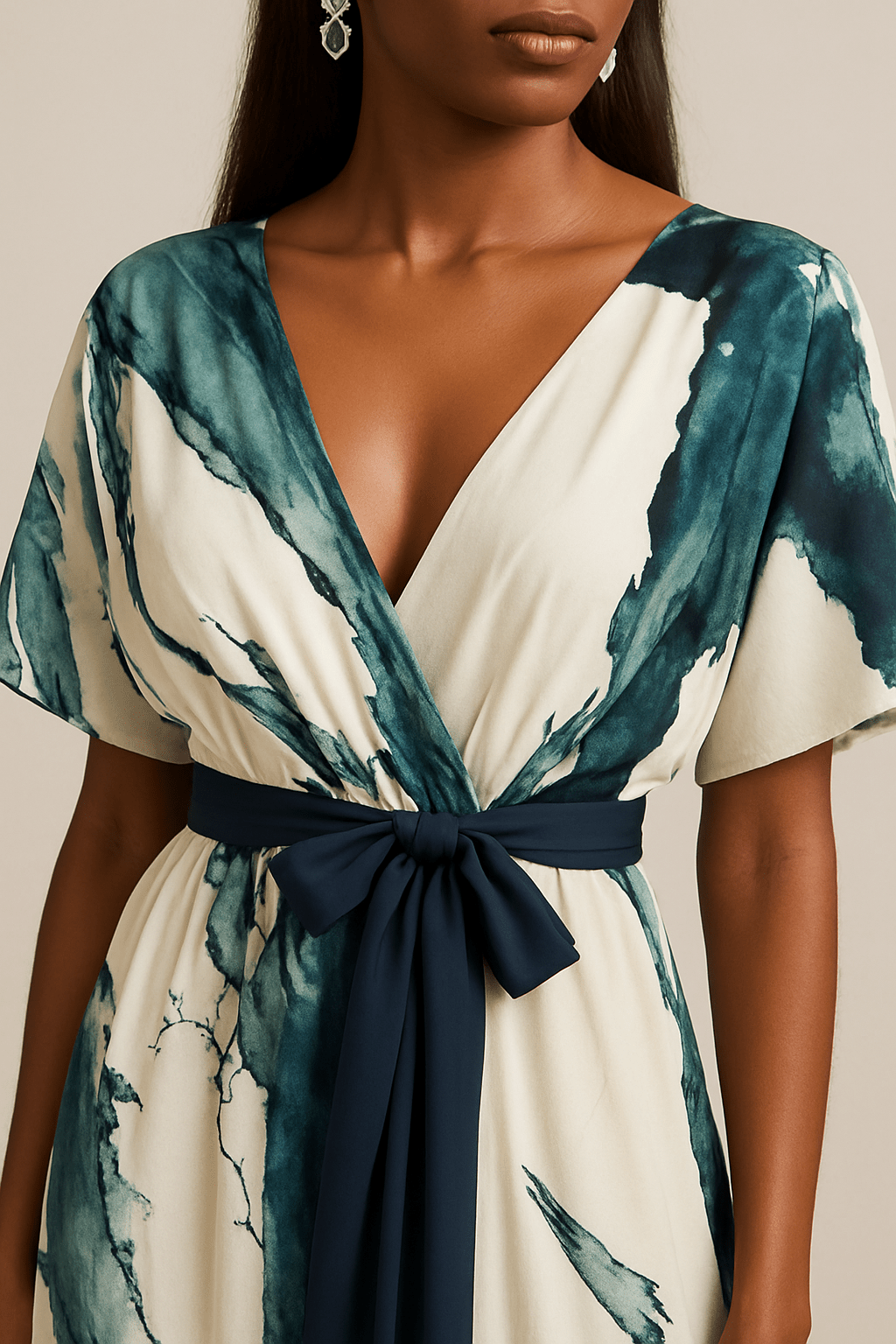 Robe femme encolure V ceinture nouée tissu léger – Image 3