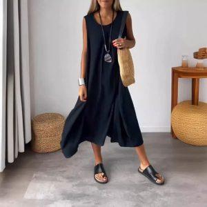 Robe femme lin-coton fluide sans manches
