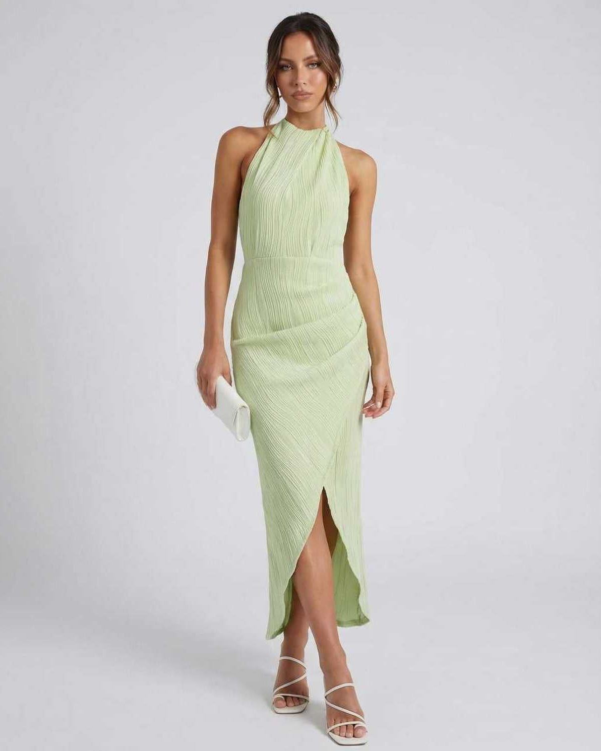 Robe femme col plissé fendu dos nu pour mariage et soirée
